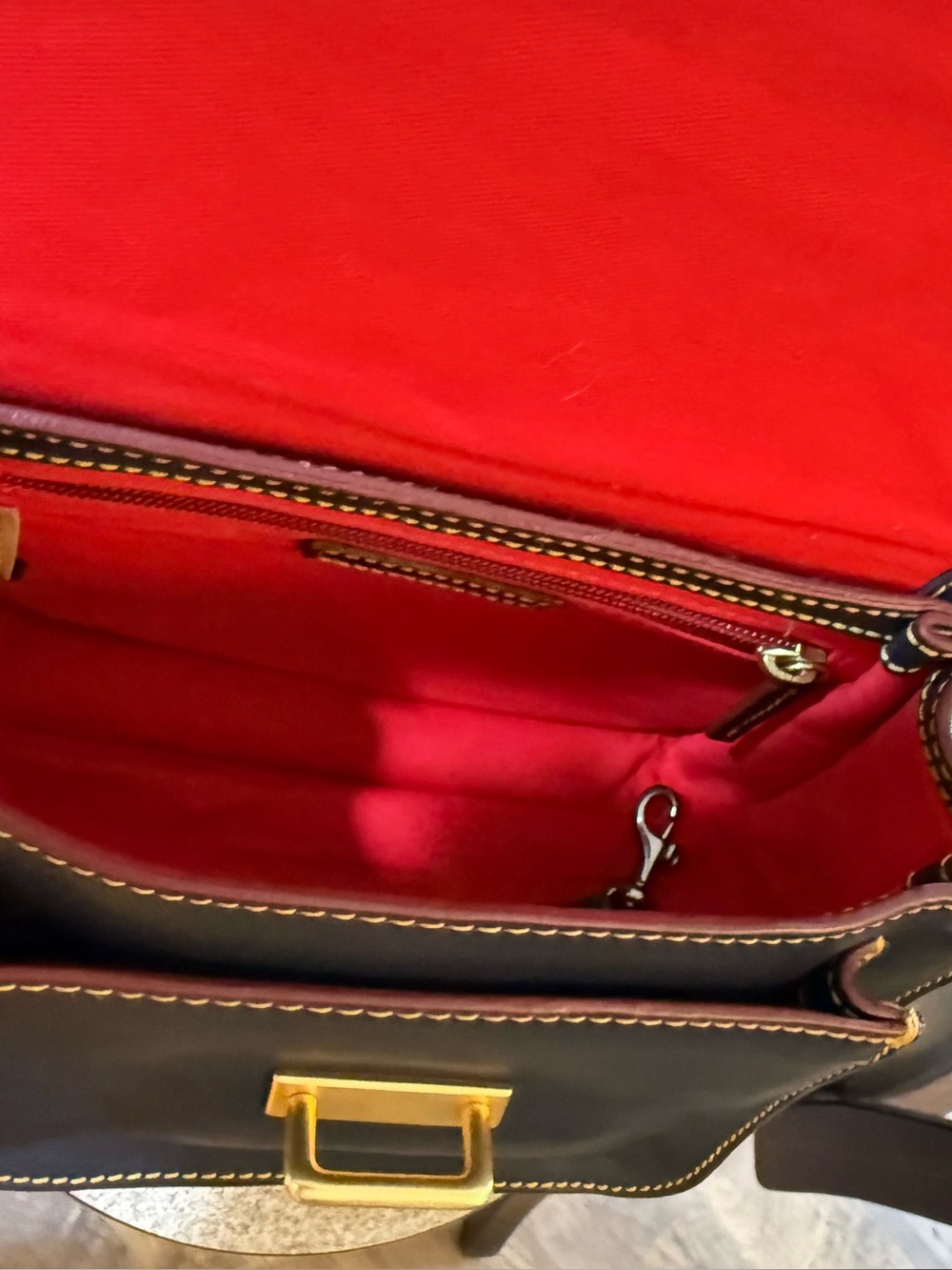 Dooney & Bourke Navy Leather Crossbody with Brown Strap and Red Trim - Picture 15 of 16